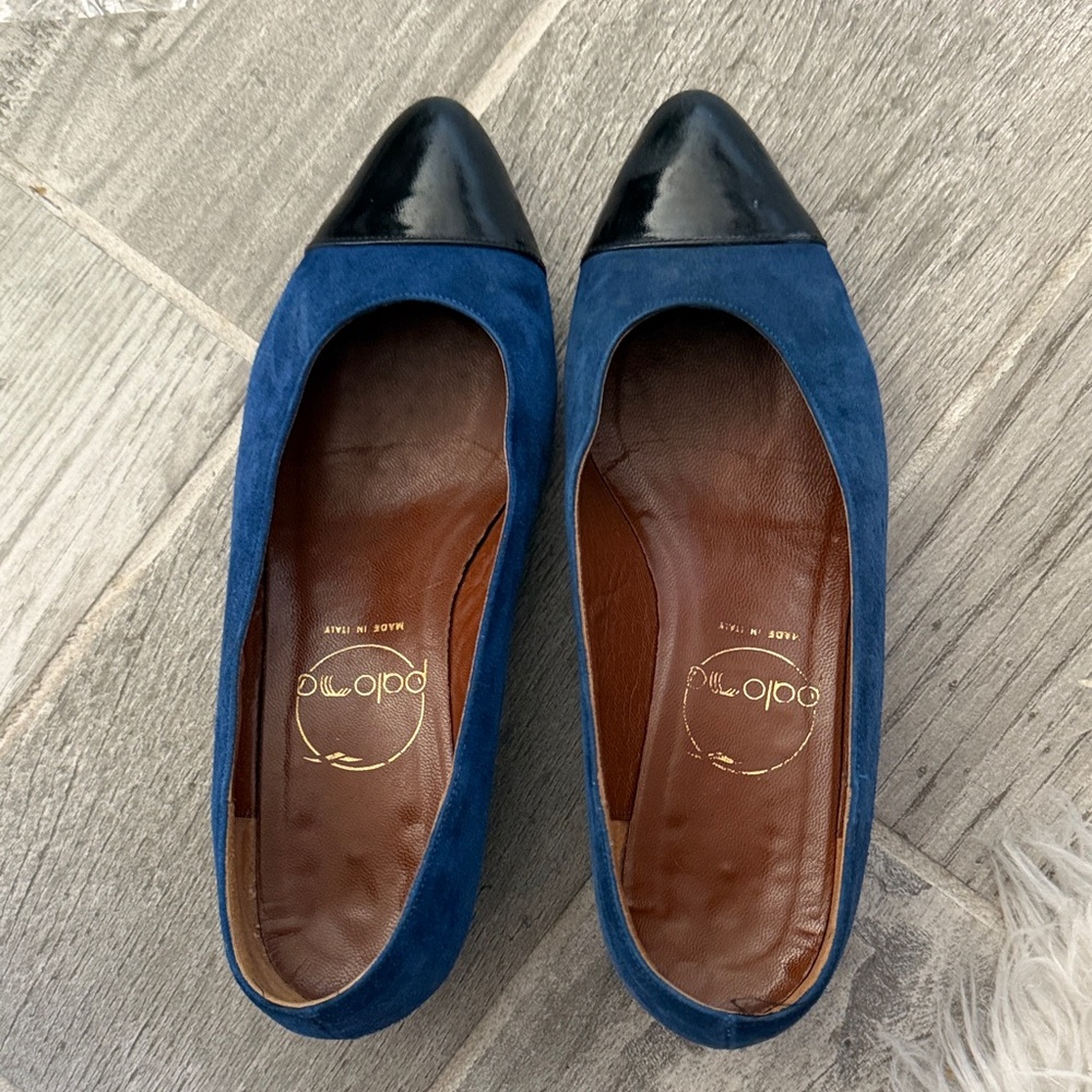 Paloma Picasso Navy Suede Flats with Black Patent Cap Toe